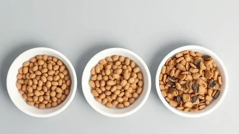 Comparativo visual de três tigelas de ração: Standard, Premium e Super Premium, mostrando a clara diferença na qualidade dos grãos.