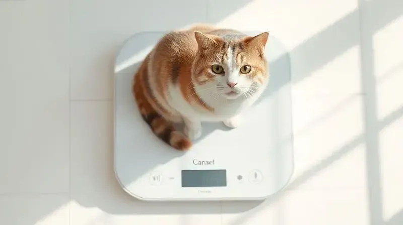 Um gato calmo sendo pesado em uma balança digital para garantir a dosagem correta do vermífugo, destacando a importância do peso.