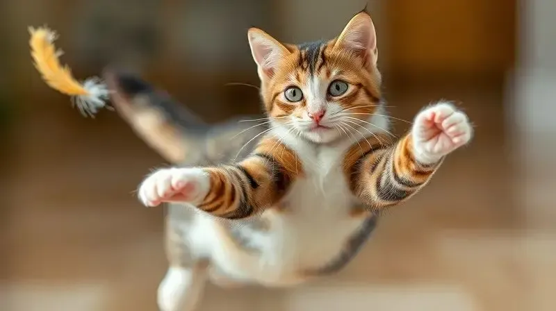 Gato cheio de energia e vitalidade pulando para pegar um brinquedo, representando os efeitos positivos que os probióticos podem trazer com o tempo.