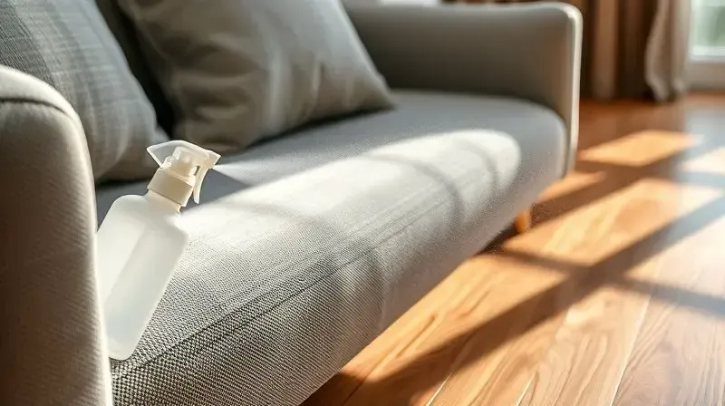 Teste de um eliminador de odores em diferentes superfícies, como tecido de sofá e piso de madeira, para verificar a compatibilidade.