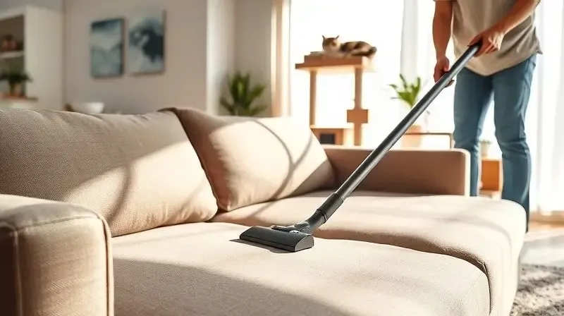 Pessoa aspirando um sofá para eliminar pulgas do ambiente, como parte do tratamento integrado contra infestações.