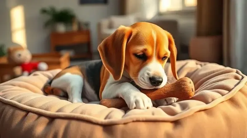 Filhote de cachorro entretido em sua caminha com um mordedor de longa duração, uma solução para quando o pet precisa ficar sozinho.