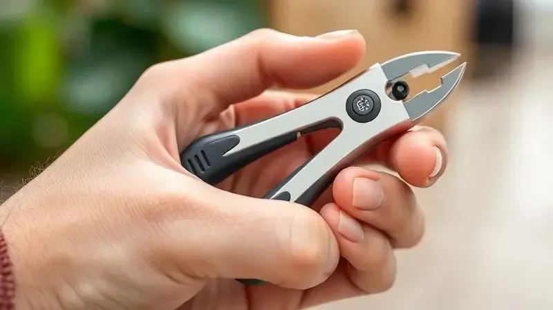 Close-up da mão de uma pessoa segurando firmemente um cortador de unha com cabo ergonômico e emborrachado, demonstrando conforto e segurança.