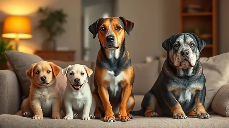 Três cães da mesma raça em fases da vida diferentes (filhote, adulto, sênior) para ilustrar a escolha da ração Golden por idade.