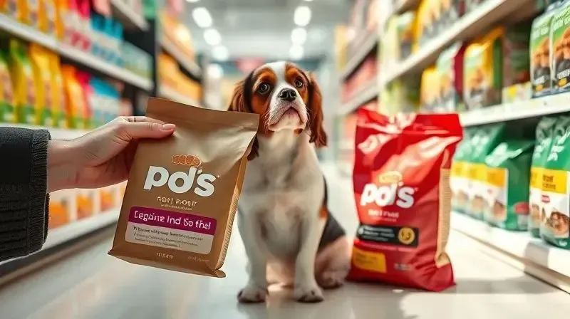 Pessoa escolhendo a ração ideal para seu cão Cavalier King Charles Spaniel, comparando dois pacotes de comida em uma loja.