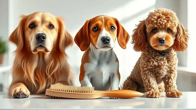 Três cães de pelagens diferentes (longa, curta e cacheada) com a escova ideal para cada um, demonstrando a escolha correta do produto.