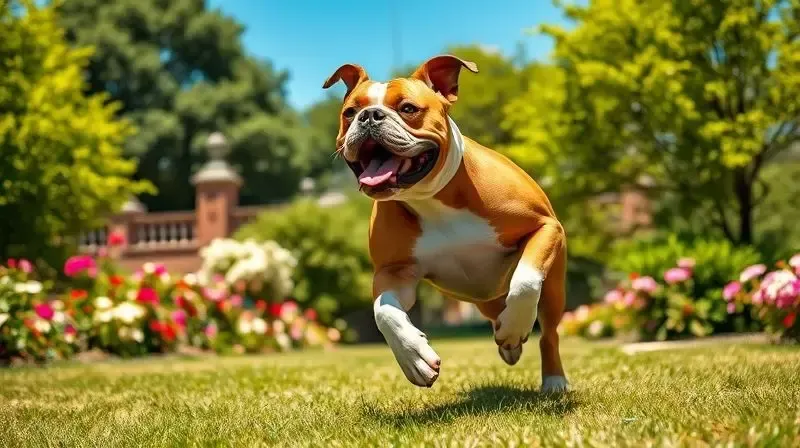 Um Bulldog Inglês com um peso saudável em um parque, demonstrando a importância do exercício e da dieta para evitar a obesidade.