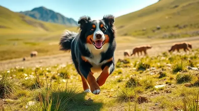 Cão Bernese adulto correndo feliz em um campo, o que demonstra a necessidade de exercícios para a raça.