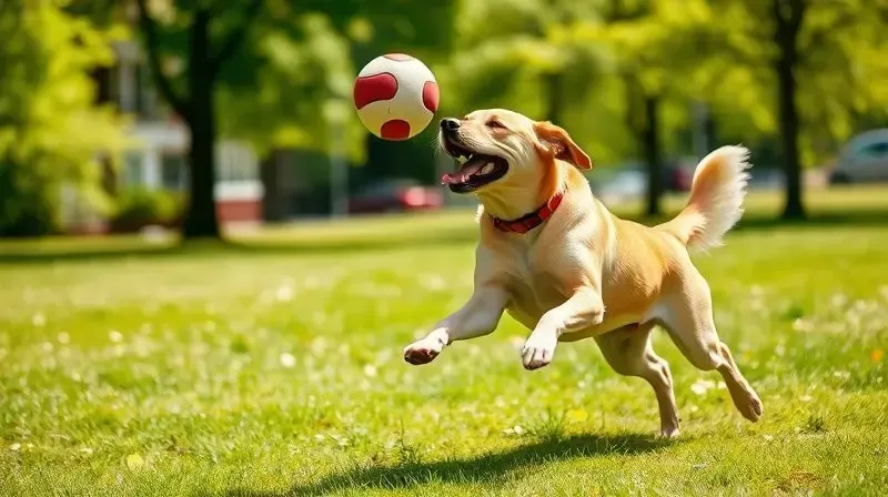 Cão saudável correndo em um parque para pegar um brinquedo, demonstrando a importância do exercício físico como complemento à dieta de cães castrados.