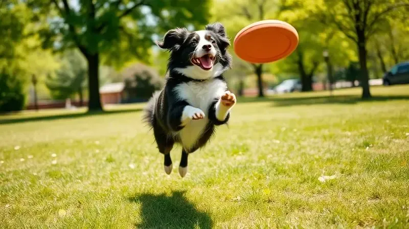 Cão atlético e feliz pulando para pegar um frisbee em um parque, mostrando a importância do exercício para a perda de peso canina.