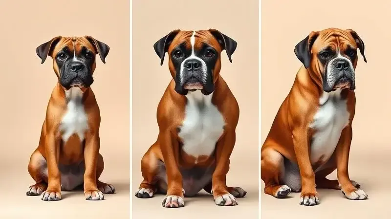 As três fases da vida de um cão Boxer: filhote, adulto e sênior, ilustrando as diferentes necessidades nutricionais.