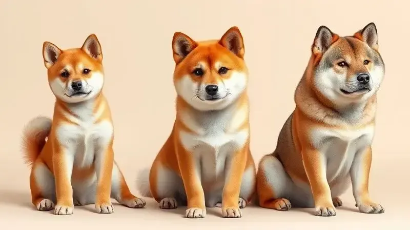 As três fases da vida de um cão Shiba Inu representadas por um filhote, um adulto e um sênior, destacando a necessidade de nutrição em cada etapa.