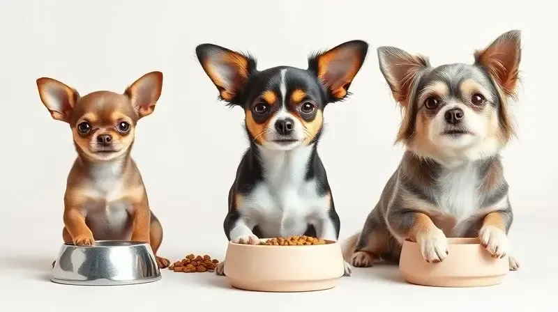 Comparativo das fases da vida de um Chihuahua, filhote, adulto e sênior, cada um com sua tigela de ração apropriada.