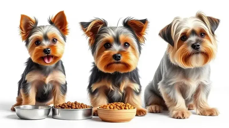 Três Yorkshires representando as fases da vida (filhote, adulto, sênior), cada um com sua ração, mostrando a necessidade de nutrição específica.