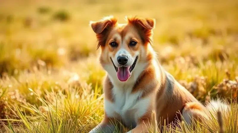 Um cão saudável e feliz num campo, representando a filosofia de bem-estar e naturalidade por trás da ração Origens.