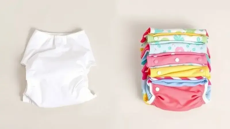Comparativo visual entre fraldas para cachorro descartáveis e fraldas reutilizáveis de tecido, limpas e dobradas.