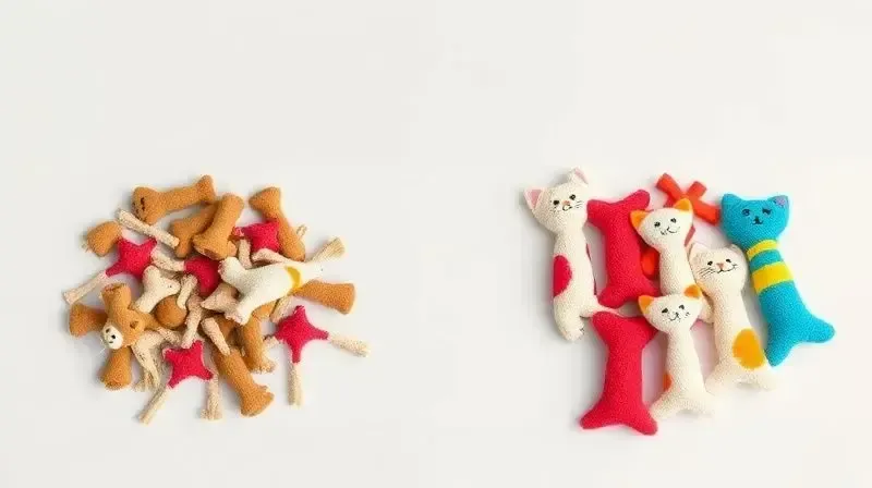Comparativo visual de brinquedos de gato velhos e desgastados ao lado de brinquedos novos, ilustrando a frequência ideal para renová-los.