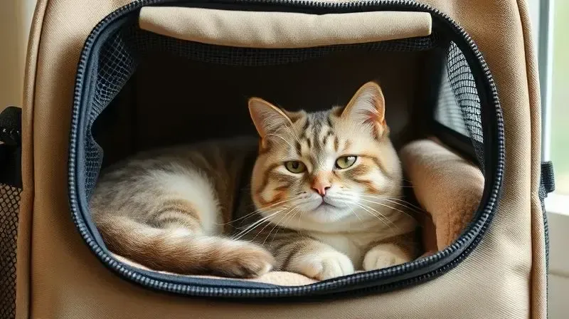 Gato confortável e seguro dentro de uma bolsa de transporte com interior macio e boa ventilação, olhando pela janela de tela.