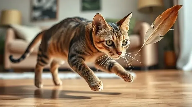 Gato demonstrando seu instinto de caça ao pular em direção a uma varinha de penas, ilustrando a importância da preferência do pet ao escolher um brinquedo.