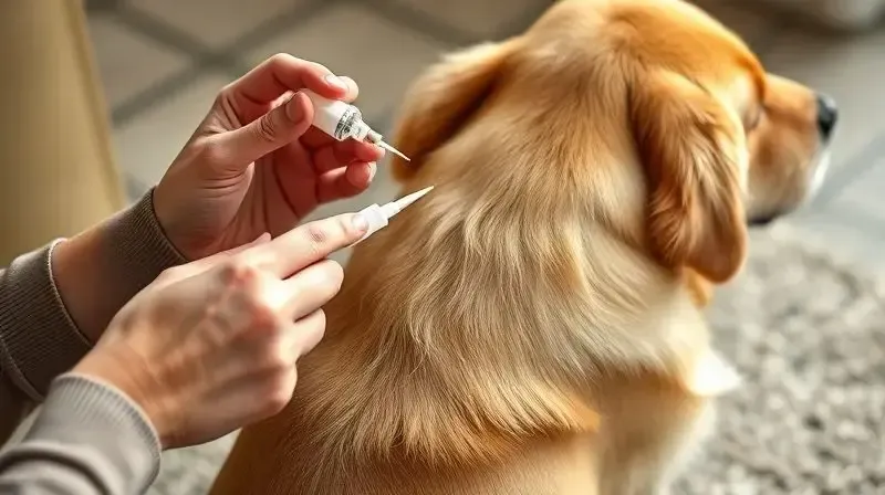 Tutor aplicando corretamente a pipeta de antiparasitário na nuca de um cão, seguindo o guia de aplicação do produto.
