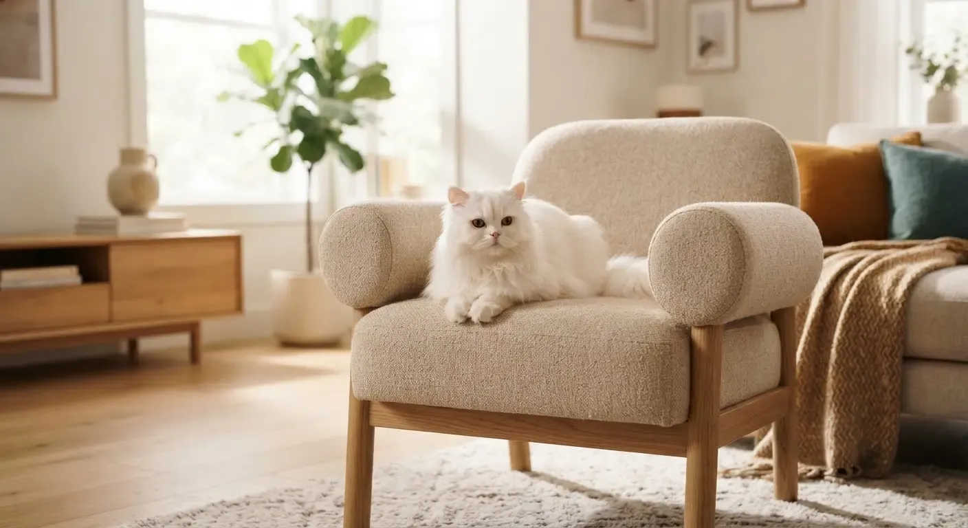 Gato branco deitado em poltrona bege
