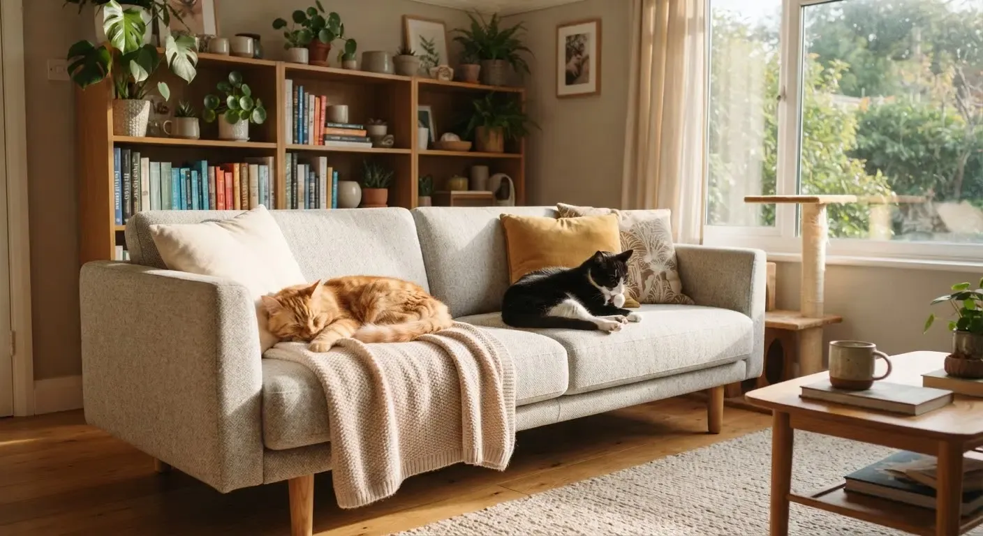 Dois gatos descansando no sofá da sala