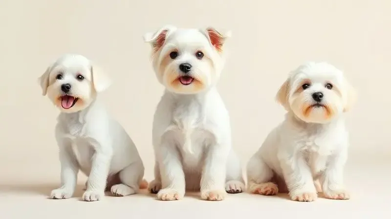 Três cães Maltês representando as fases da vida: filhote, adulto e sênior, para ilustrar a escolha da ração correta para cada idade.