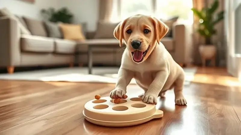 Filhote de cachorro feliz e concentrado brincando com um brinquedo interativo, demonstrando a importância do estímulo para o desenvolvimento.