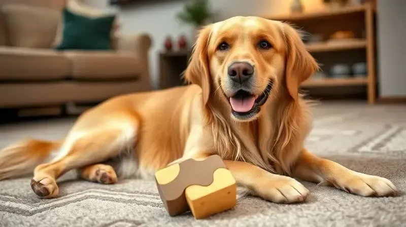 Cão feliz e concentrado brincando com um brinquedo interativo, demonstrando a importância da estimulação para a saúde mental canina.