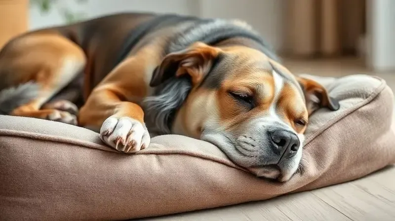 Um cachorro idoso descansando em uma cama ortopédica, ilustrando a importância de uma caminha adequada para a saúde e bem-estar do cão.