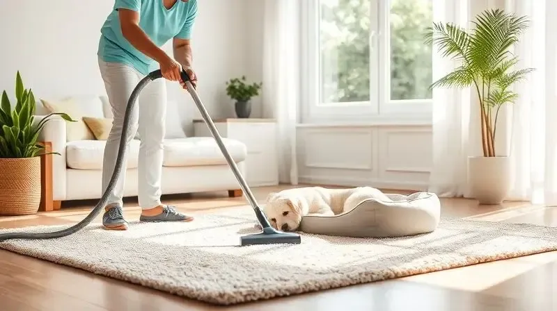 Pessoa aspirando a caminha do cachorro e o tapete da sala para realizar o controle ambiental contra pulgas e carrapatos.