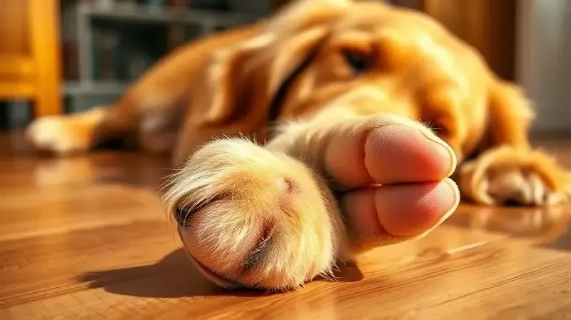 Foco na pata de um cachorro saudável com unhas bem aparadas, mostrando a importância de manter as unhas curtas para o bem-estar do animal.