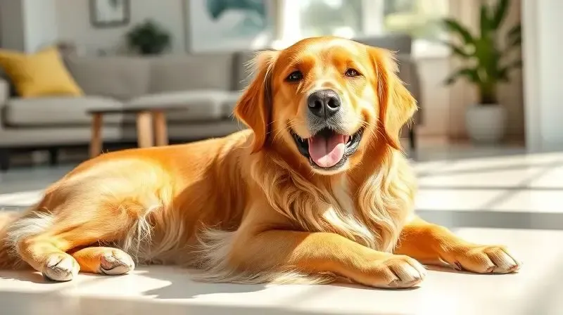 Um cão da raça Golden Retriever com pelos brilhantes e saudáveis, demonstrando os benefícios de uma escovação regular para a saúde do pet.
