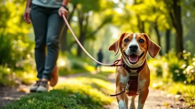 Cachorro da raça beagle passeando feliz e em segurança com uma guia e coleira corretas em um parque ensolarado e arborizado.