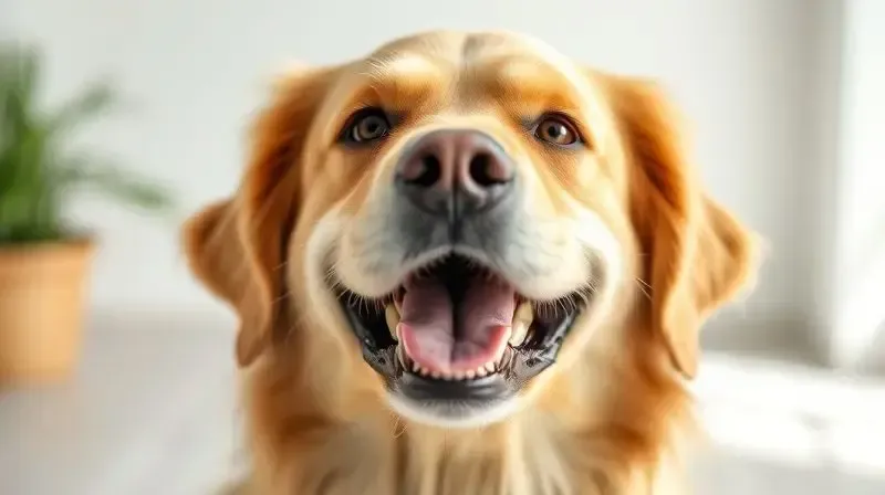 Cachorro sorrindo com dentes brancos e saudáveis, ilustrando a importância da pasta de dente para cães e da saúde bucal canina.