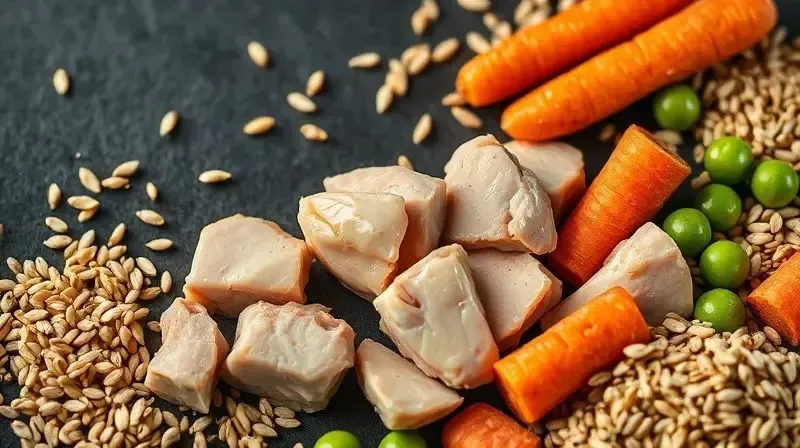 Análise dos ingredientes da ração PremieR, exibindo ingredientes frescos e nutritivos como frango e vegetais.