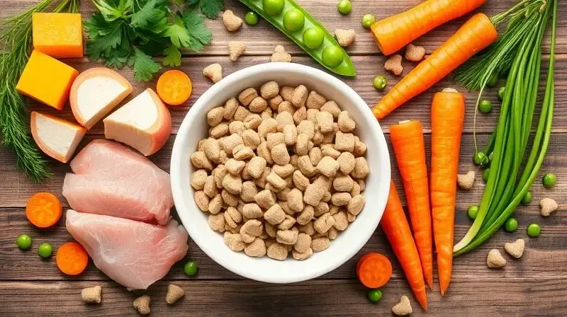 Análise dos ingredientes da ração Nutrilus, com ingredientes frescos como frango e vegetais ao lado de um pote de ração.