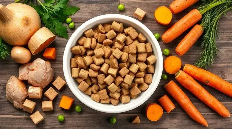 Ingredientes frescos e nutritivos como frango e vegetais ao lado de uma tigela de ração, destacando a importância de analisar a composição.