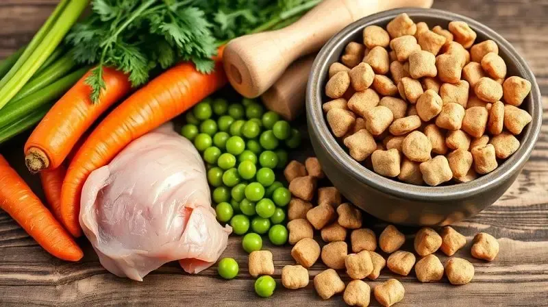 Ingredientes frescos e nutritivos ao lado de uma tigela de ração para Yorkshire, ilustrando a importância de uma boa nutrição.