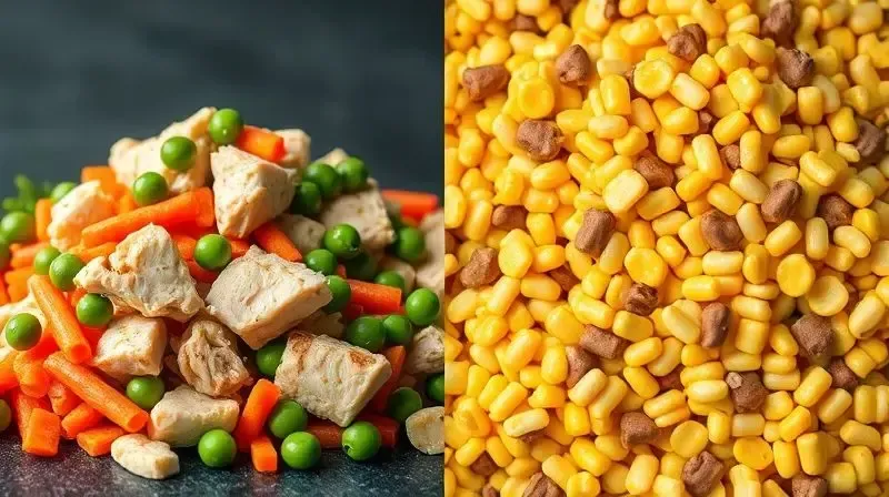 Comparativo visual entre ingredientes saudáveis e ingredientes a serem evitados na ração de um Chihuahua.