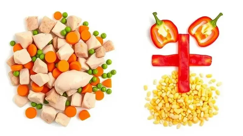 Ingredientes importantes para ração de Dálmata, como frango e vegetais, e ingredientes a serem evitados, como milho.