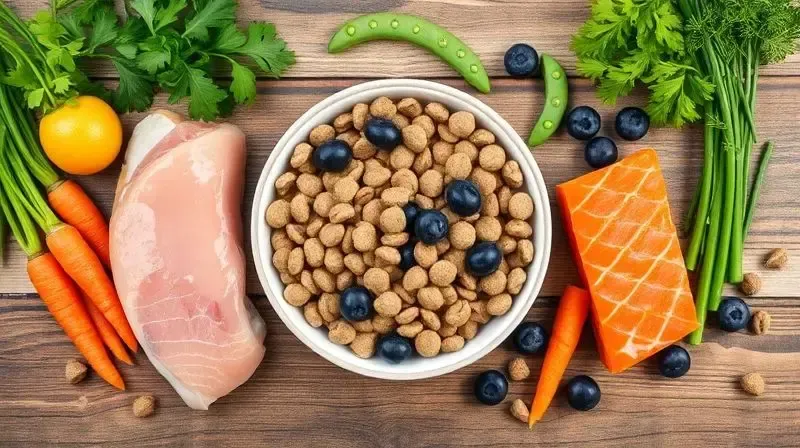 Ingredientes naturais e frescos, como salmão e vegetais, ao lado de uma tigela de ração, ilustrando os benefícios de uma dieta sem aditivos.