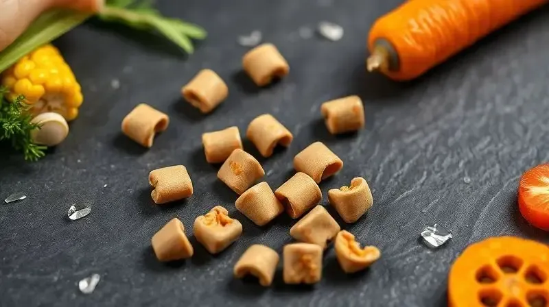 Análise dos ingredientes da ração, com grãos de ração ao lado de ingredientes frescos como frango, milho e cenoura.