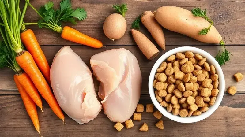 Ingredientes saudáveis como frango e vegetais ao lado de uma tigela de ração, representando os nutrientes essenciais para um Maltês.