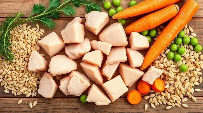 Ingredientes saudáveis e nutrientes essenciais para ração de cães, como frango, grãos integrais e vegetais, dispostos em uma superfície de madeira.