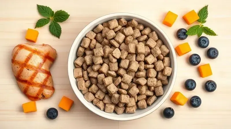 Ingredientes saudáveis como frango e batata-doce ao lado de uma tigela, simbolizando os nutrientes essenciais da ração sênior para cães.