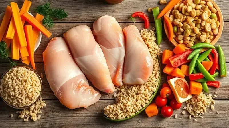 Ingredientes frescos e de alta qualidade usados na composição da ração Allcanis, como frango, grãos integrais e vegetais.