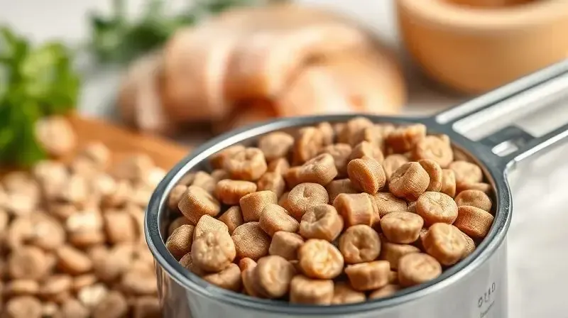 Ingredientes chave para cães castrados: medidor com ração, e ao fundo, frango (proteína) e aveia (fibras) para controle de calorias.