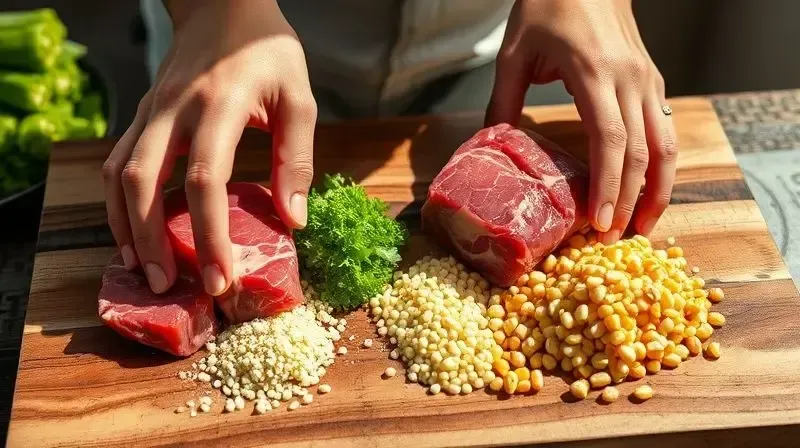 Mãos selecionando ingredientes de qualidade para ração, como carne e vegetais, e descartando itens de baixa qualidade como milho.