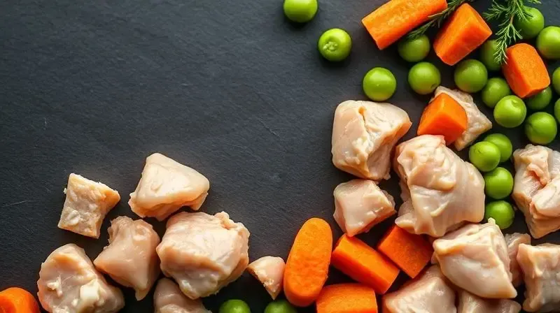Análise dos ingredientes da ração Dog Chow, com um close-up em ingredientes como frango, cenoura e ervilhas.
